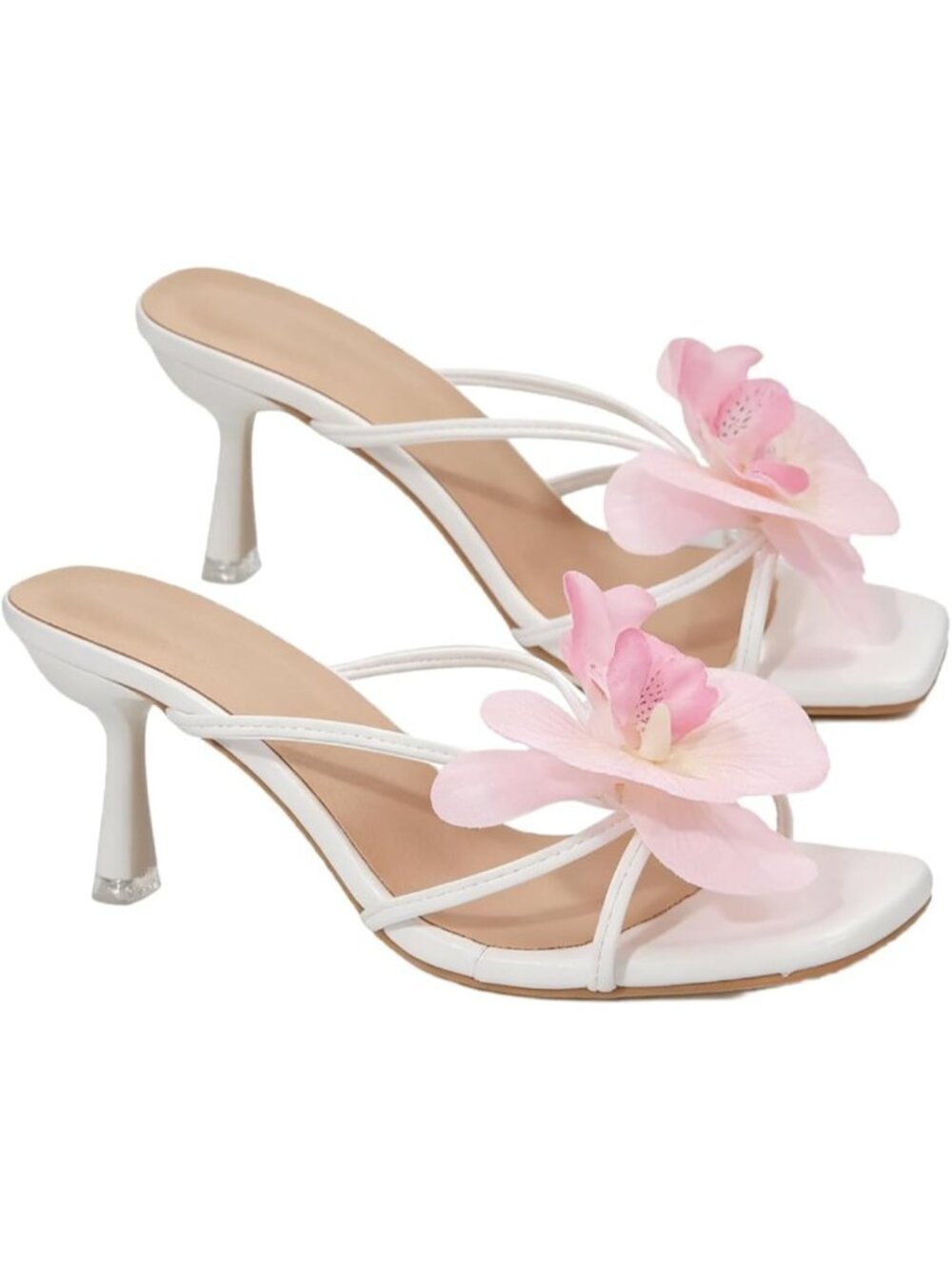 Women's White Open Toe Floral Kitten Heels Flower Summer Beach Sandals Heel
